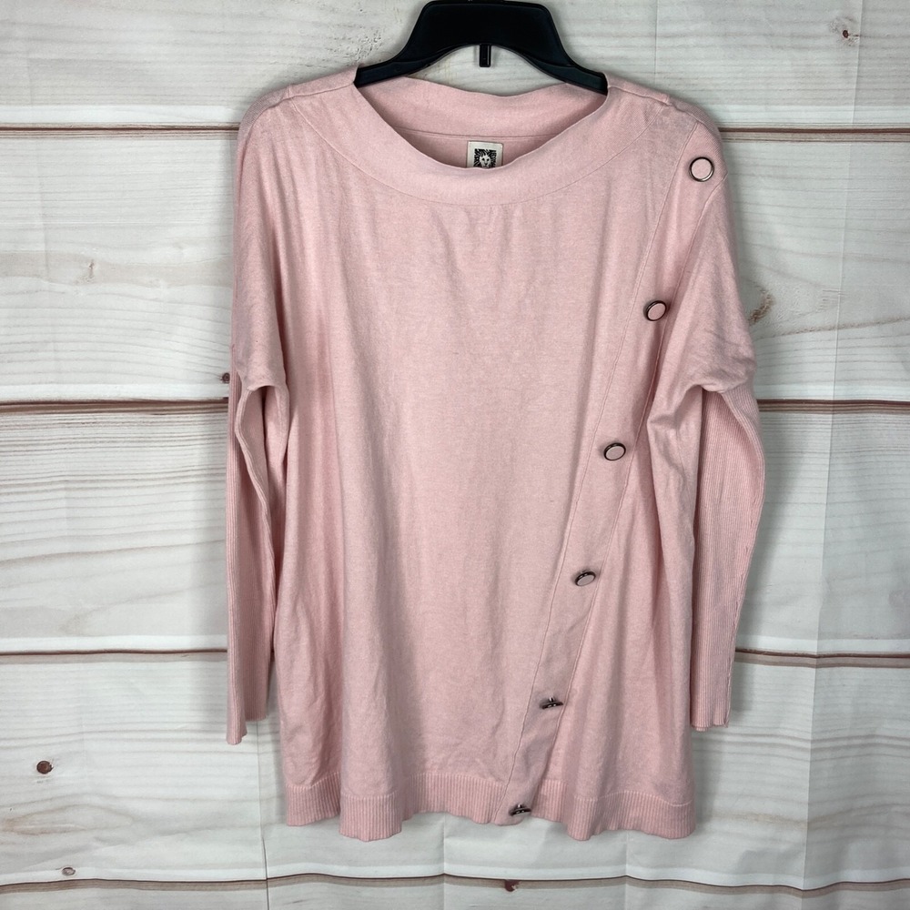 Anne Klein Sweater Women M Pink Boat Neck Button Trim Tunic Long Sleeve Pullover